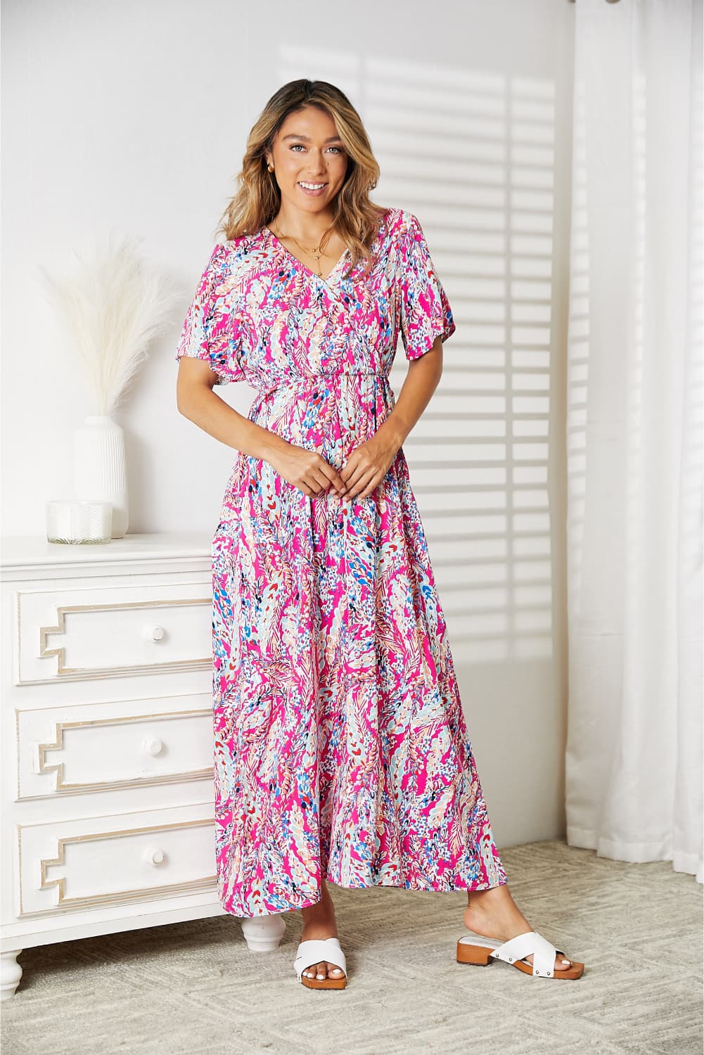 Double Take Hot Pink Multicolored V-Neck Maxi Dress