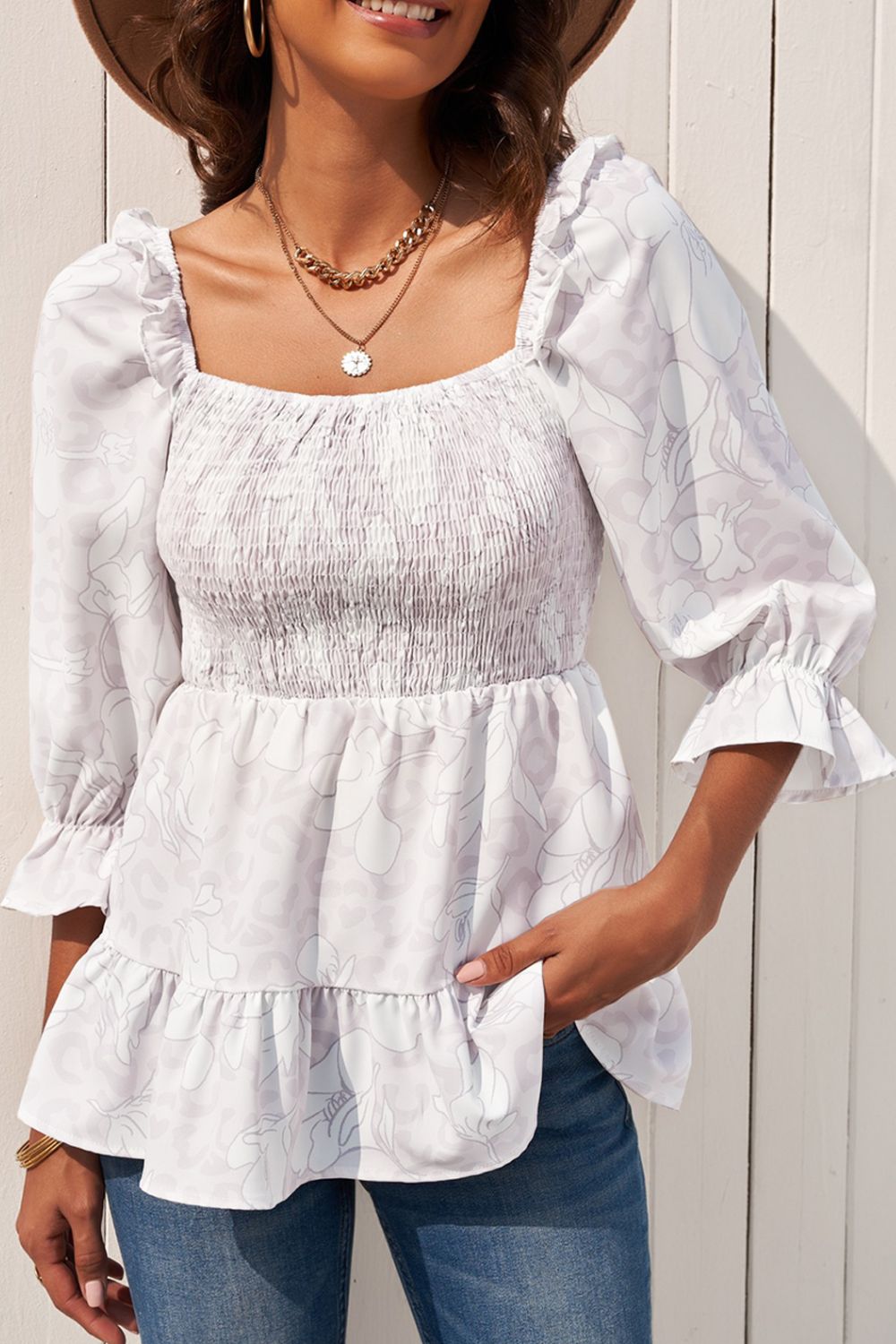 Women's Floral Smocked Ruffled Babydoll Top