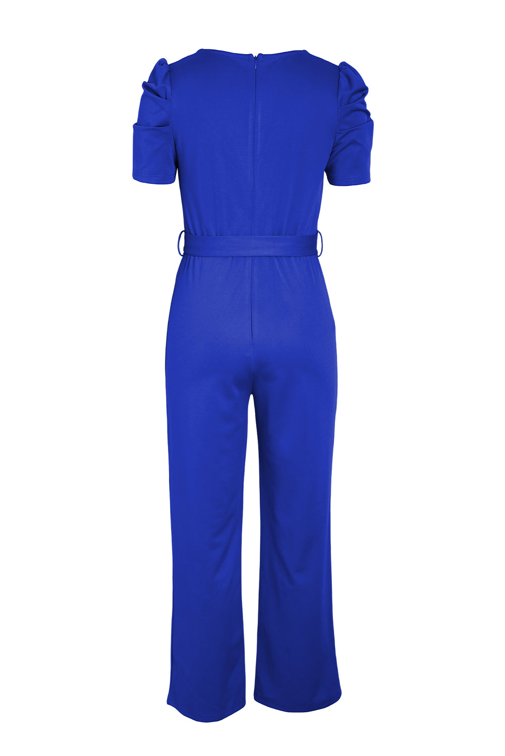 Women's Full Size Belted Puff Sleeve V-Neck Jumpsuit