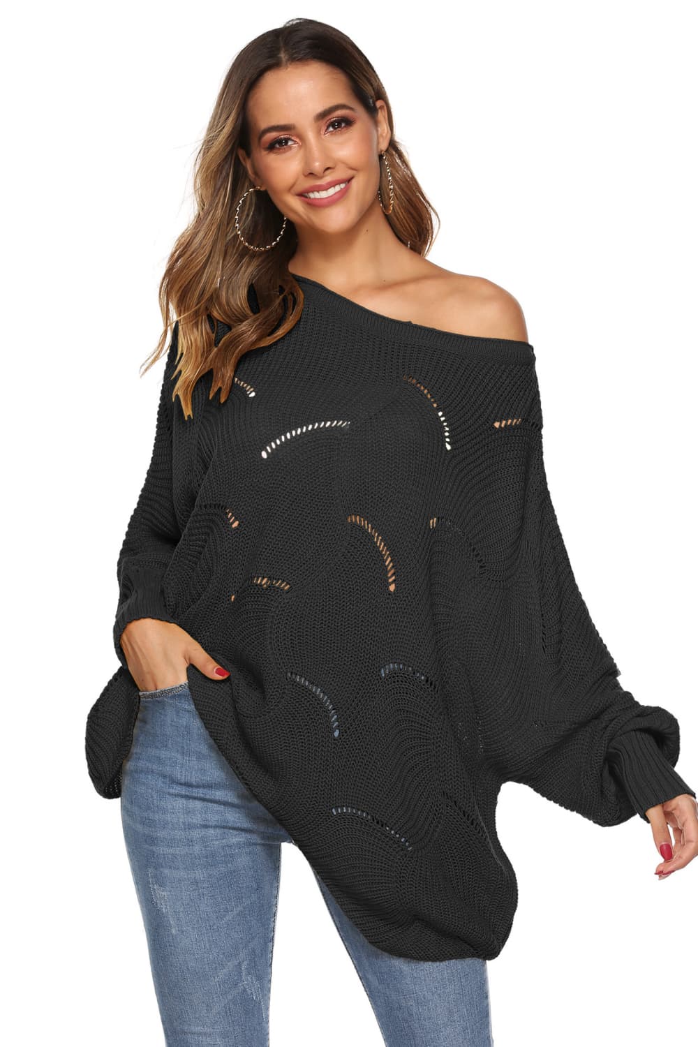 Full Size Round Neck Long Sleeve Openwork Sweater