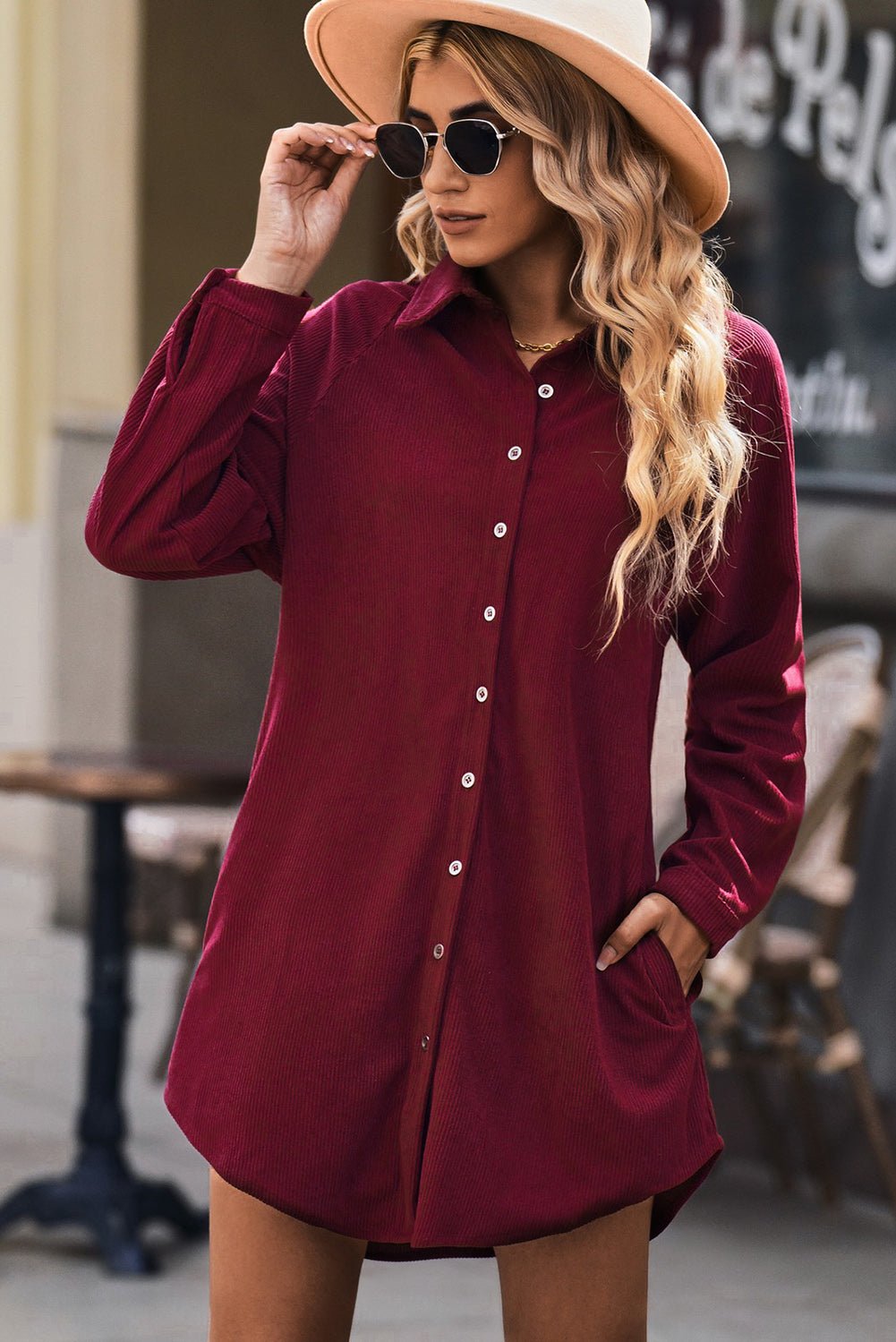 Women's Button Front Curved Hem Raglan Sleeve Shirt Dress