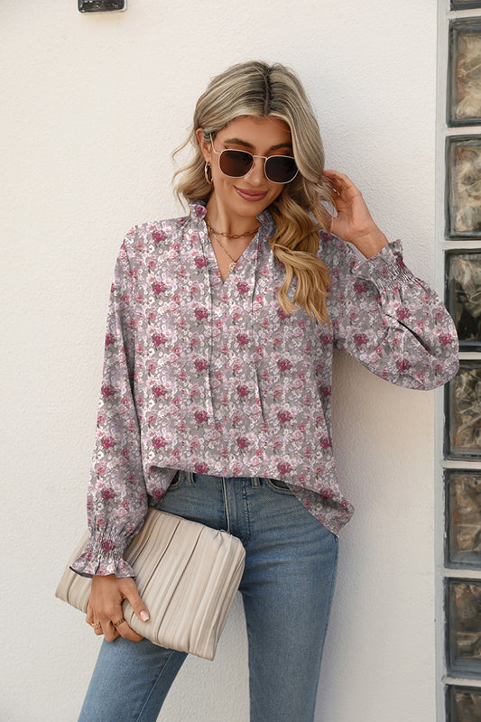 Full Size Printed Tie Neck Flounce Sleeve Blouse