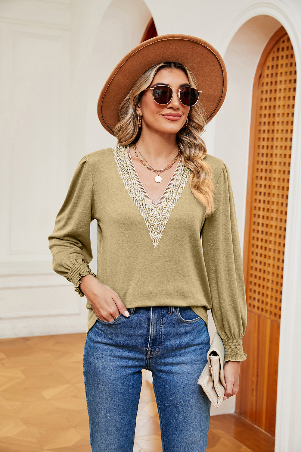 Full Size Contrast V-Neck Long Sleeve Top