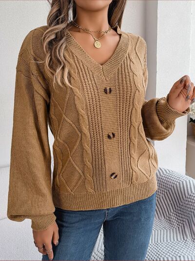 SophisticatedChic Cable-Knit Buttoned V-Neck Sweater
