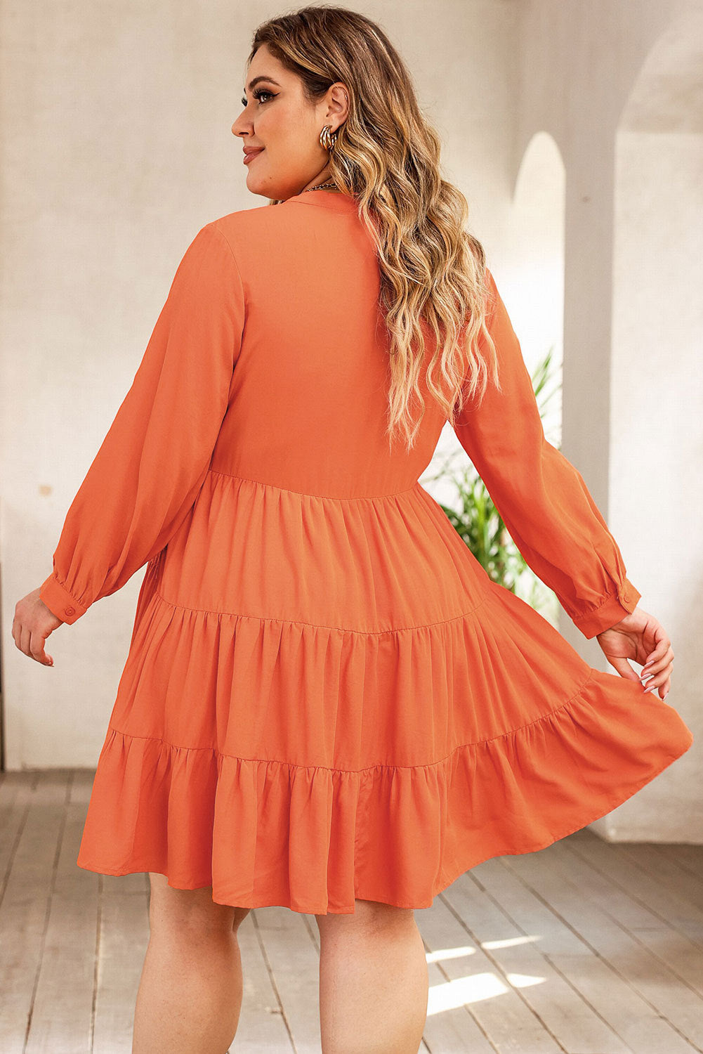Plus Size Notched Neck Printed Long Sleeve Orange Mini Dress