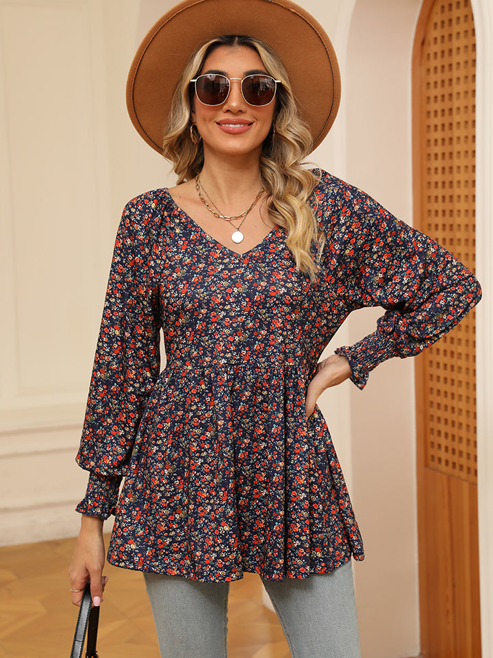 Full Size Printed V-Neck Lantern Sleeve Blouse