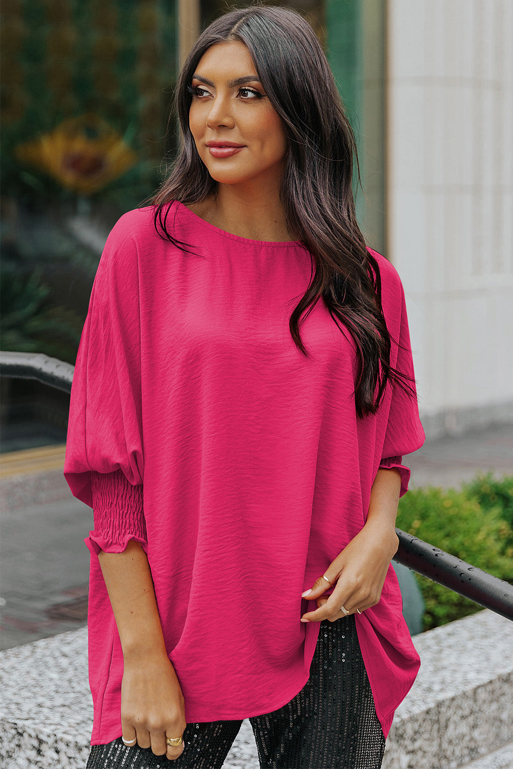 Full Size Round Neck Dolman Sleeve Textured Blouse