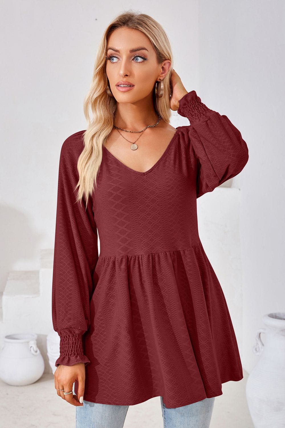 Full Size V-Neck Lantern Sleeve Blouse