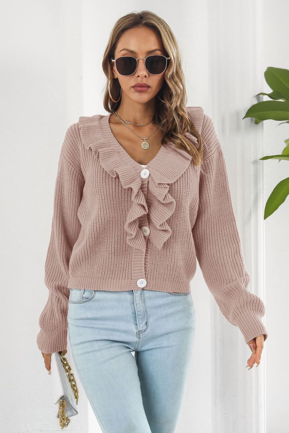 TrendiStyles Ruffle Trim Button-Down Dropped Shoulder Sweater 🦋
