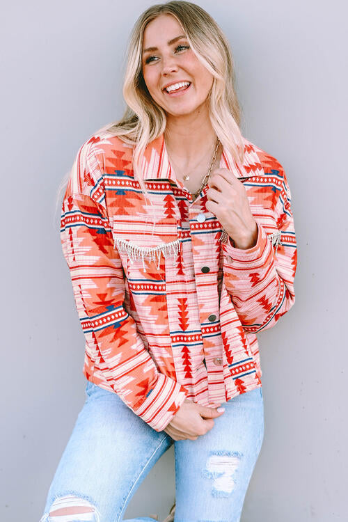 Strawberry Red Geometric Button Up Collared Neck Jacket