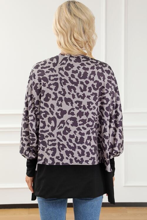 Leopard Round Neck Lantern Sleeve Slit Black Sweatshirt