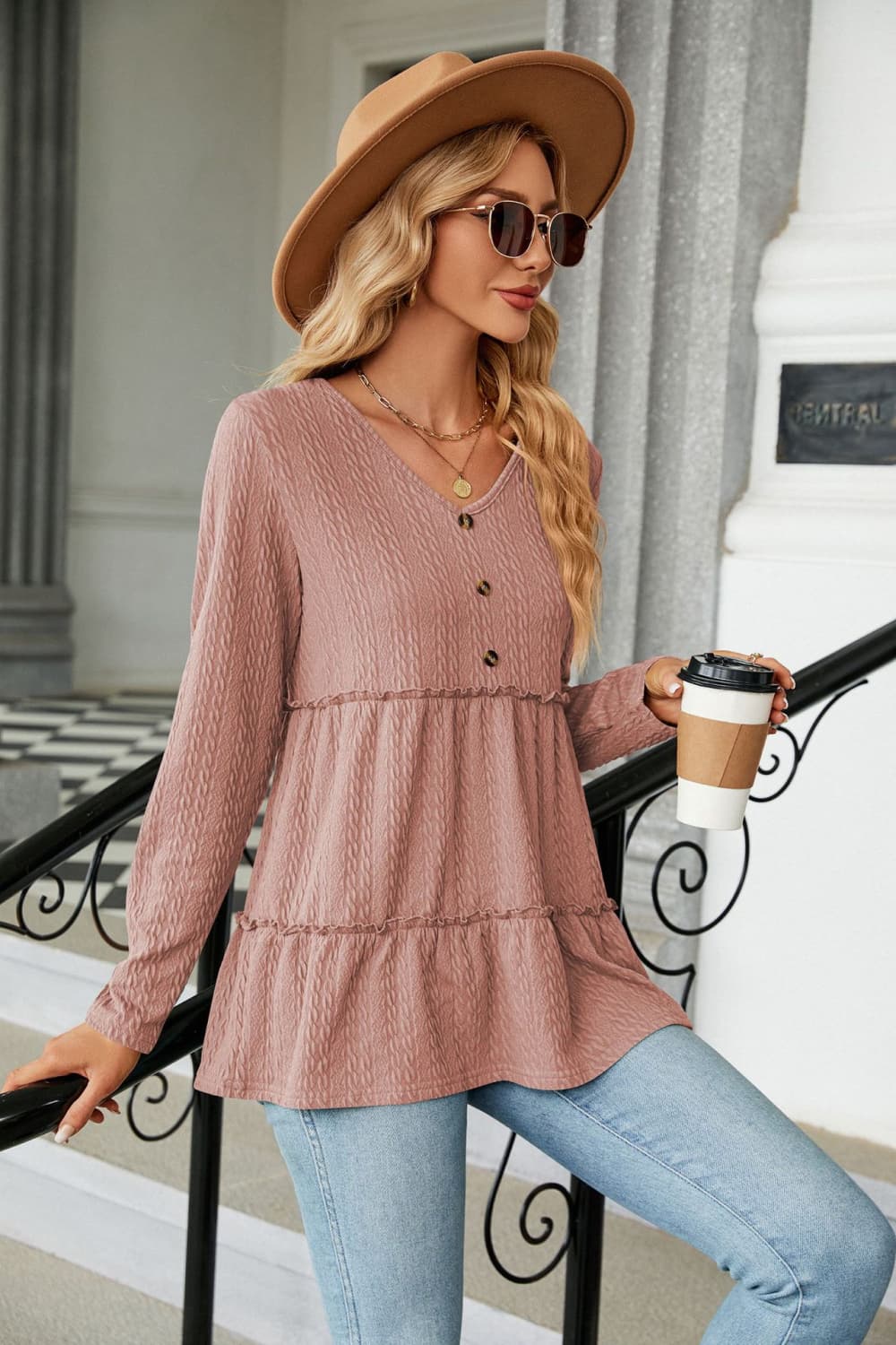 Full Size Long Sleeve V-Neck Cable-Knit Blouse