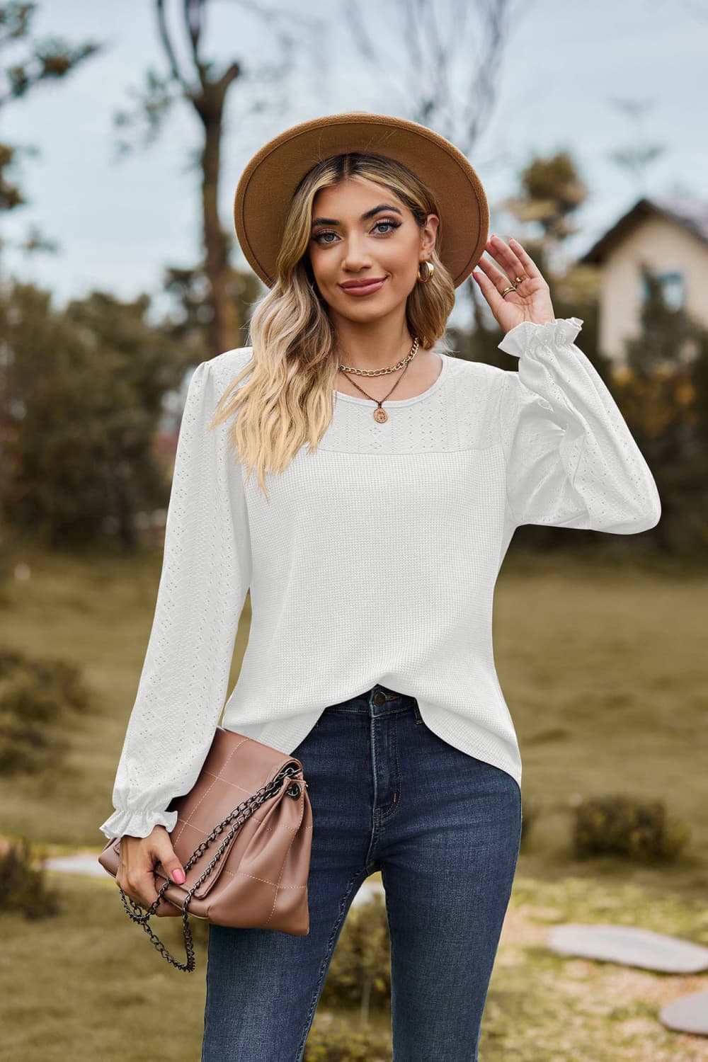 Full Size Round Neck Puff Sleeve Blouse