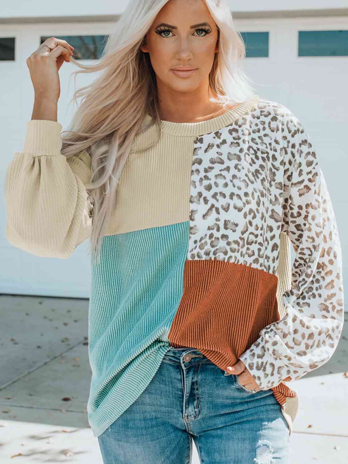 Full Size Color Block Leopard Round Neck Sweatshirt