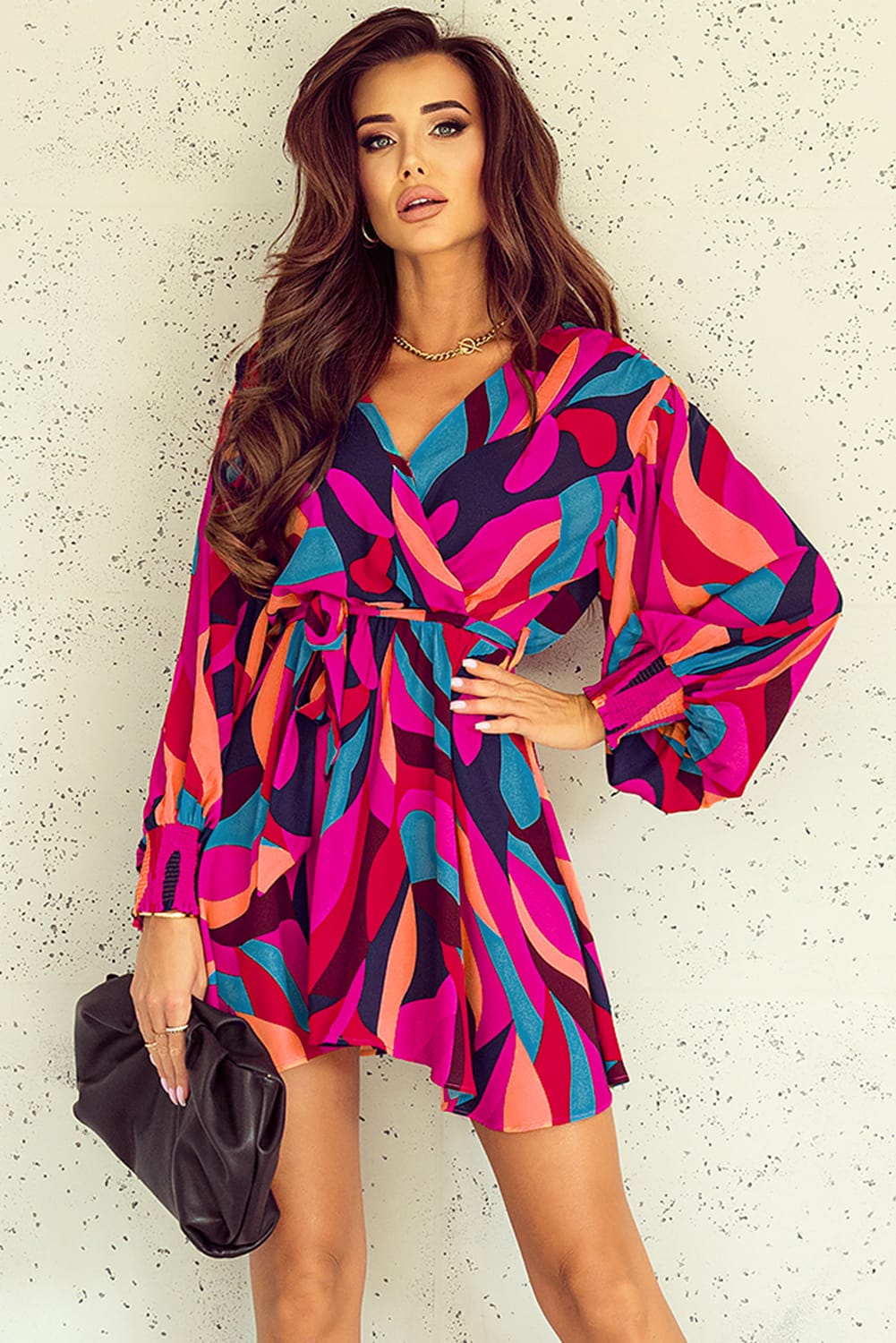 Multicolor Printed Surplice Neck Tie Waist Dress