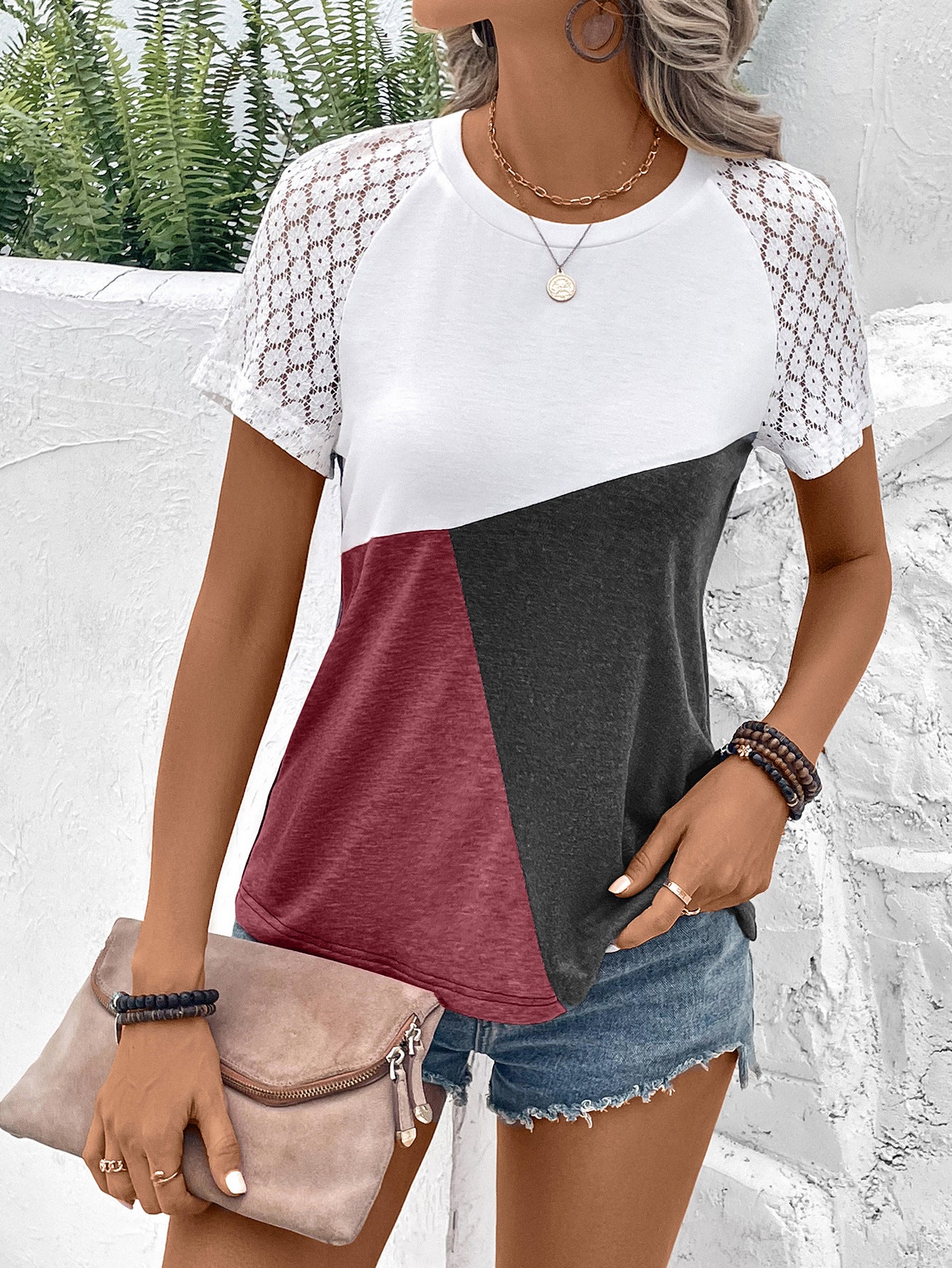 Women's Full Size Bryony Color Block Raglan Sleeve Round Neck Tee