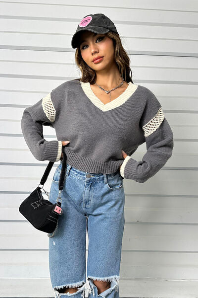 Contrast Openwork Long Sleeve V-Neck Sweater