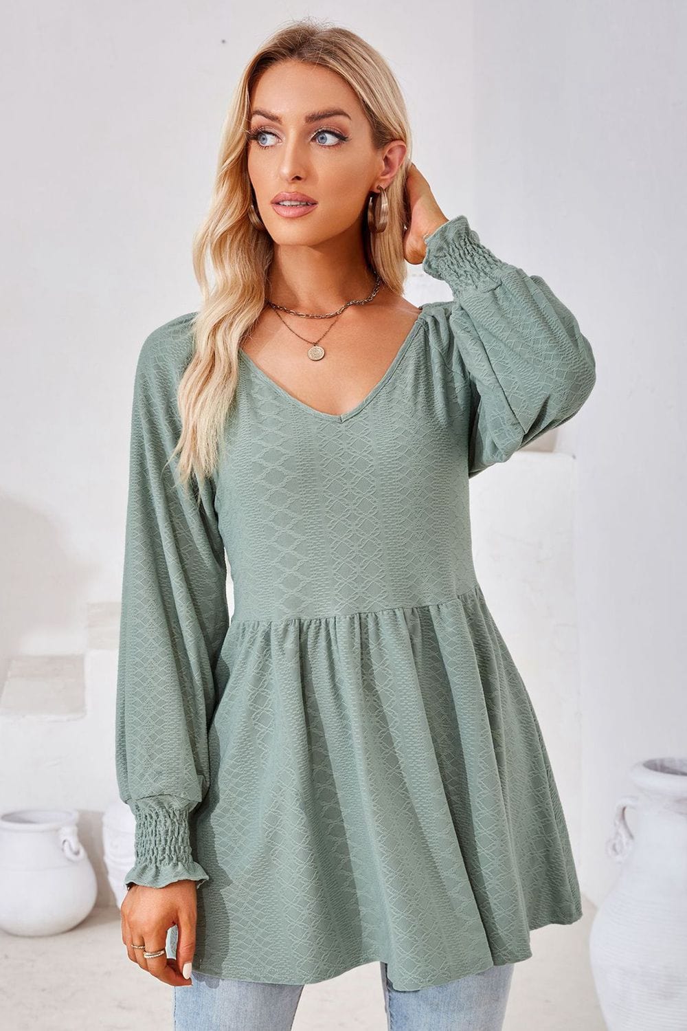 Full Size V-Neck Lantern Sleeve Blouse