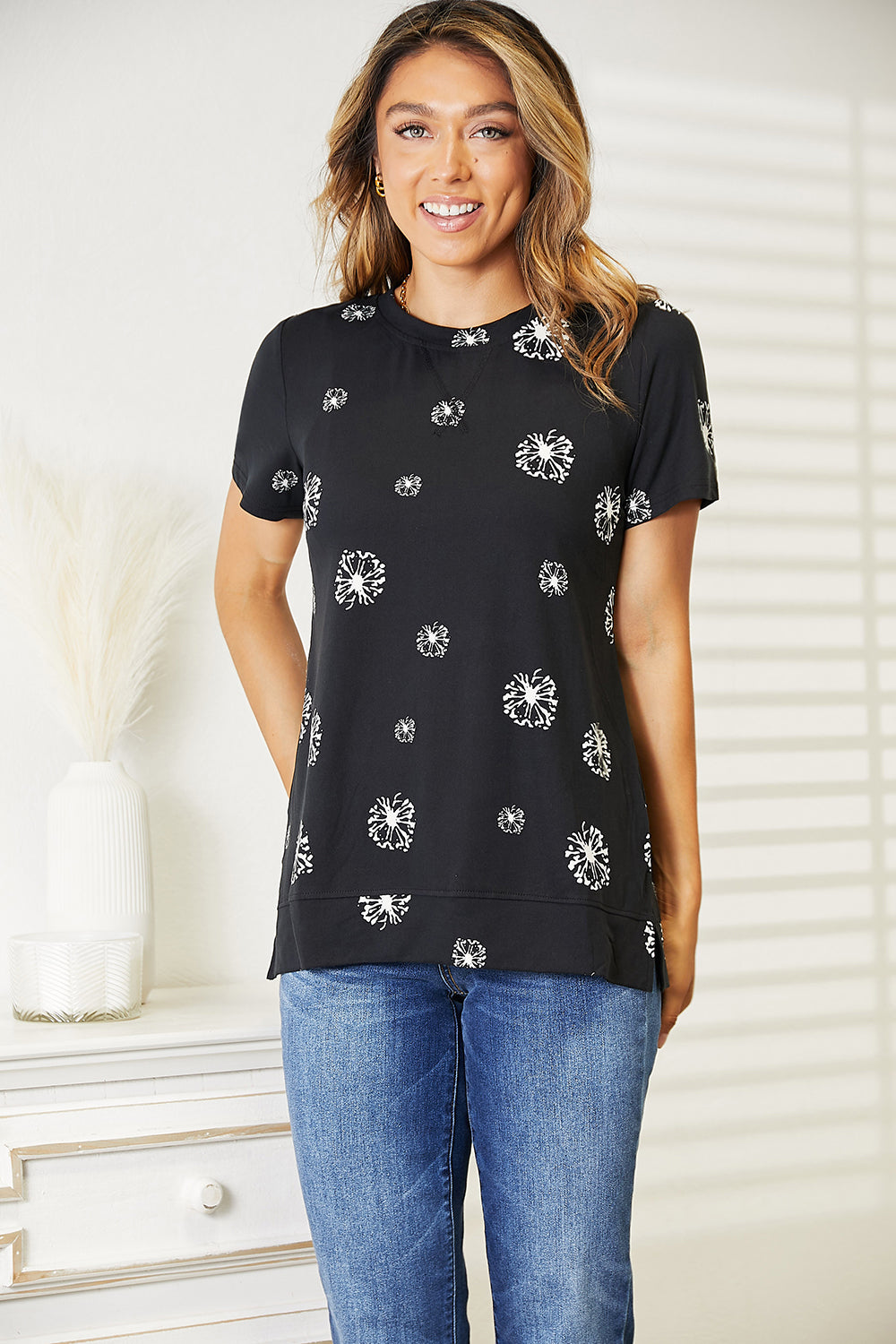 Double Take Black Full Size Dandelion Print Round Neck T-Shirt
