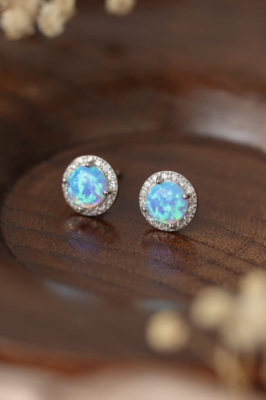 Women's 925 Sterling Silver Platinum-Plated Opal Round Stud Earrings