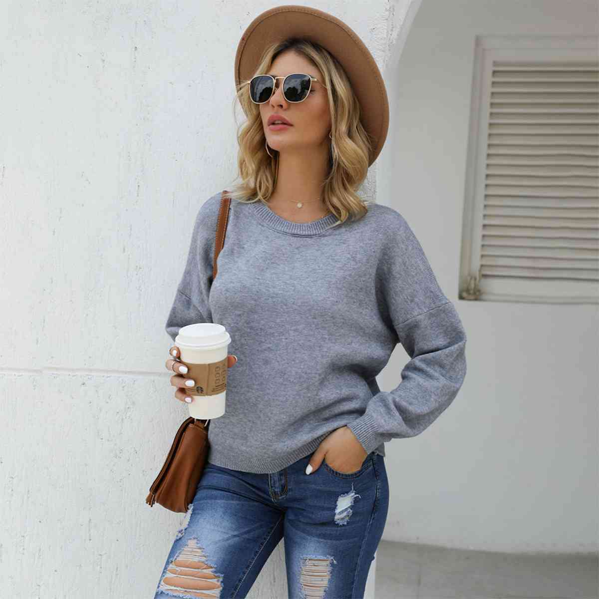 SnuggleTime Round Neck Long Sleeve Drop Shoulder Sweater