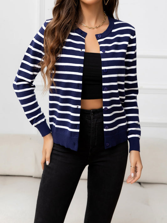 AuroraBlissX Striped Round Neck Long Sleeve Buttoned Knit Top