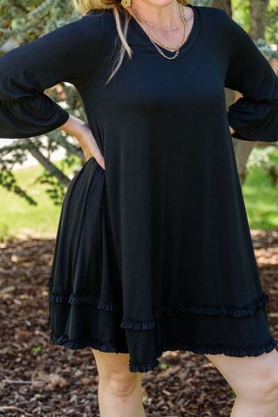 Plus Size Frill Trim Flounce Sleeve Black Dress