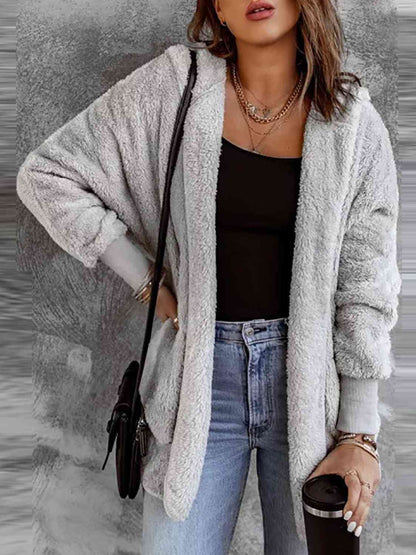 Open Front Hooded Faux Fur Outwear Jacket with Pockets