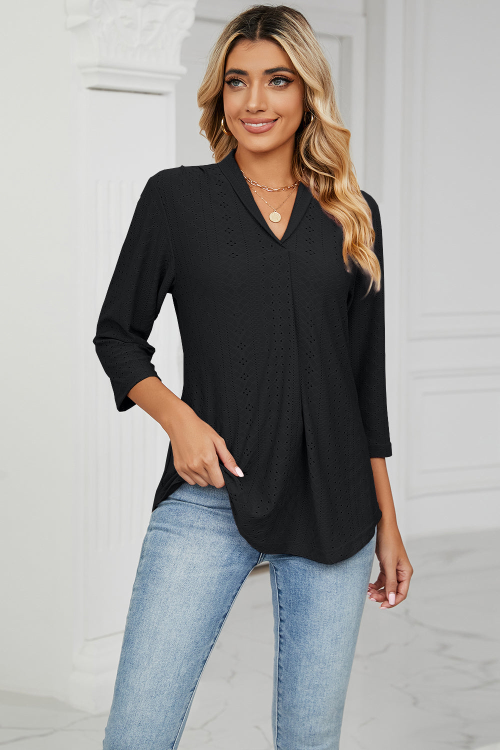 Full Size Eyelet Three-Quarter Sleeve Blouse