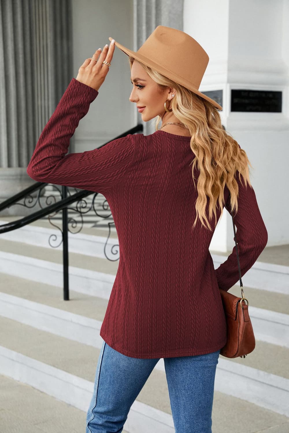 Full Size Cable-Knit Long Sleeve V-Neck T-Shirt