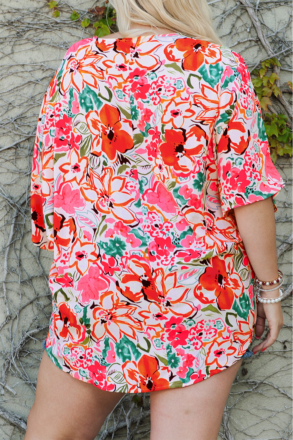 Malibu Dreams Plus Size Floral V-Neck Half Sleeve Shirt