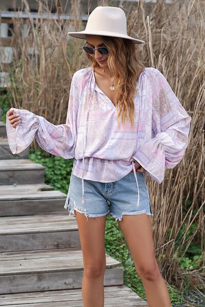 BeyondeBeauty Lavender Printed Tie Neck Flounce Sleeve Blouse