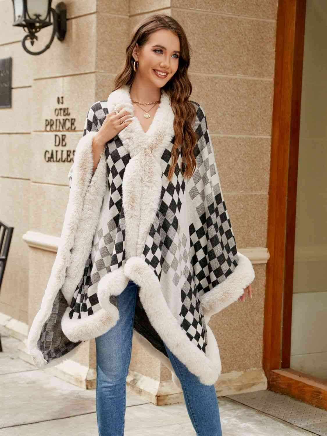 Savannah Jay One Size Checkered Faux Fur Trim Poncho