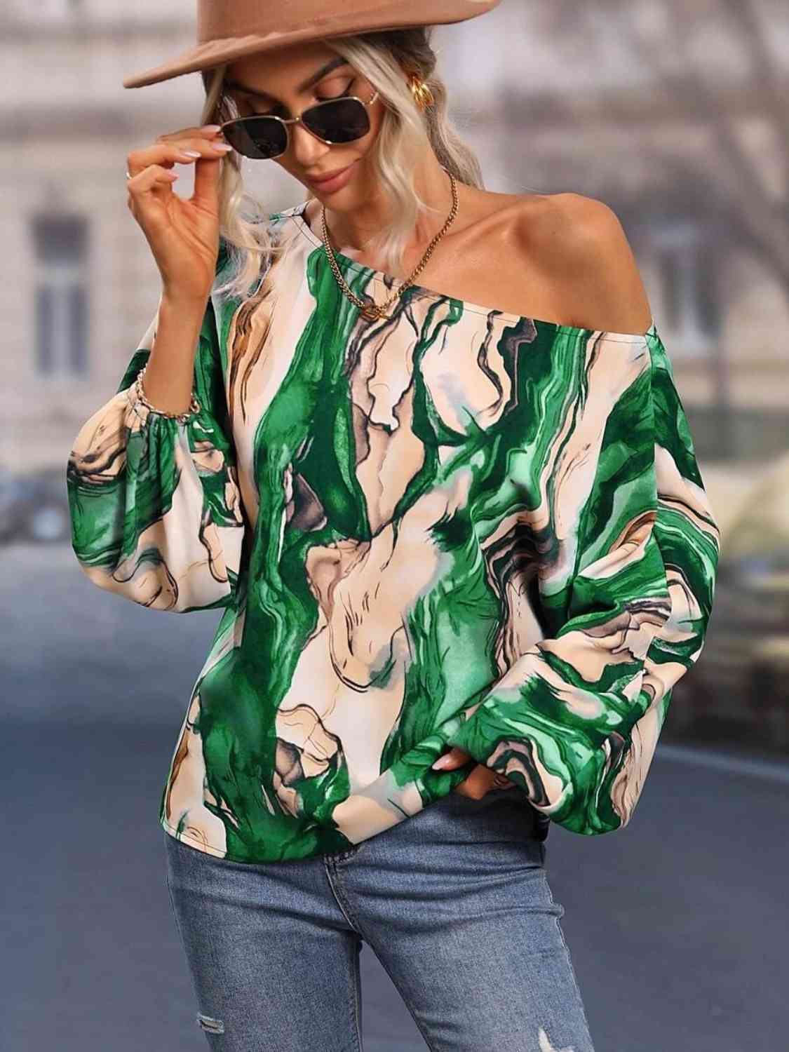 Full Size Printed Boat Neck Blouse