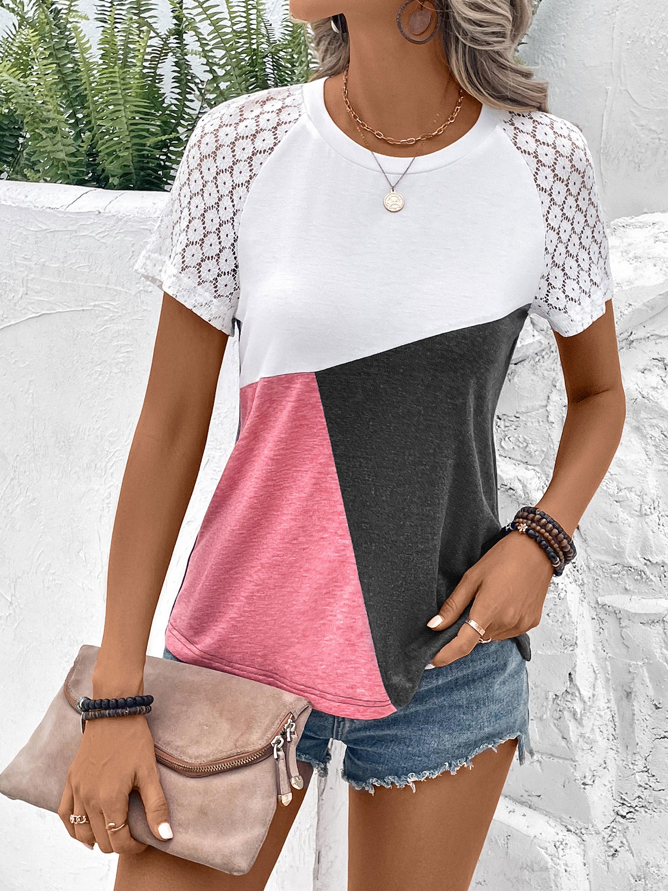 Women's Full Size Bryony Color Block Raglan Sleeve Round Neck Tee