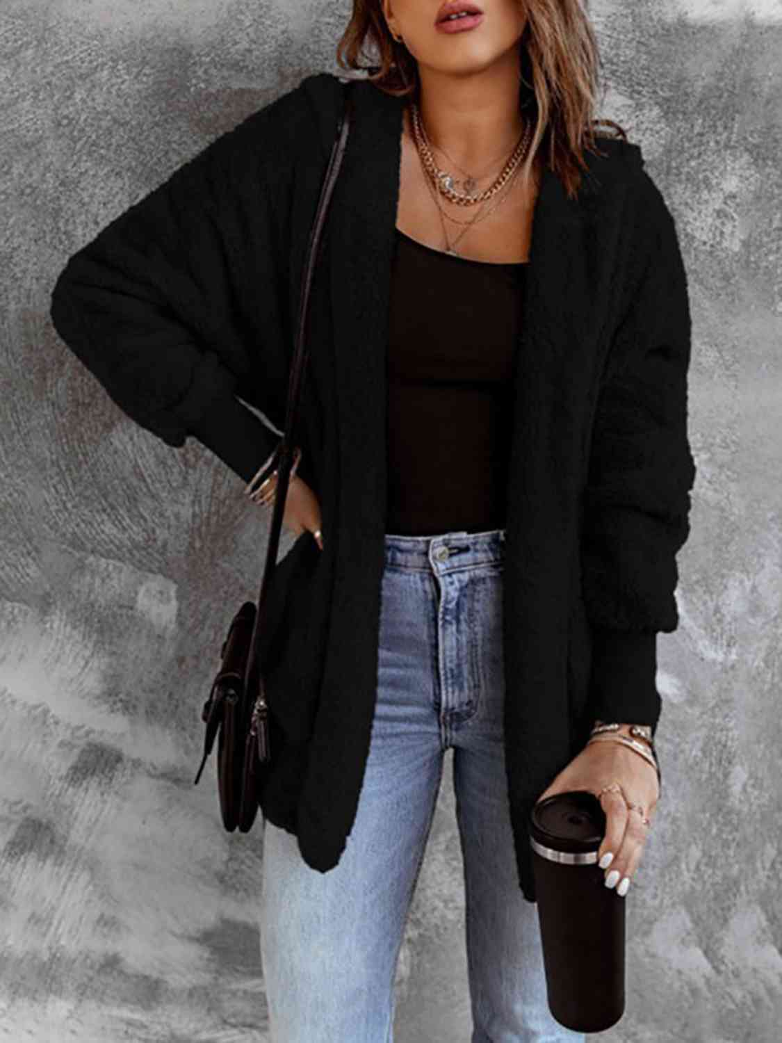 Open Front Hooded Faux Fur Outwear Jacket with Pockets