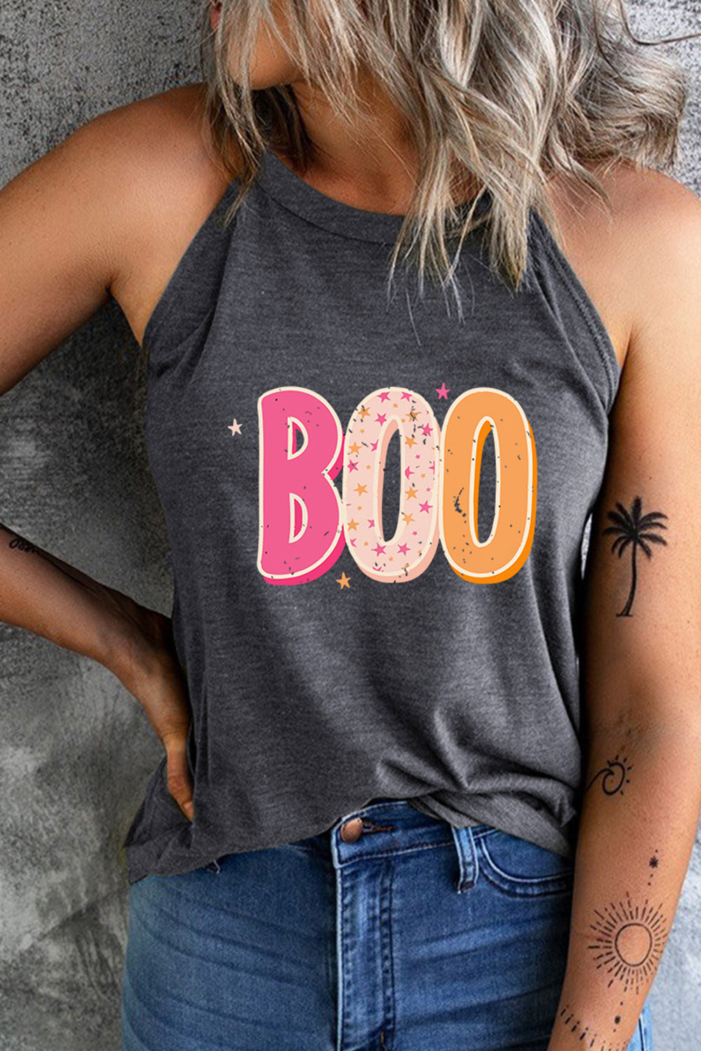 Full Size Round Neck Sleeveless BOO Graphic Tank Top