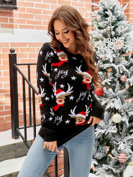 Full Size CHRISTMAS Reindeer Round Neck Sweater