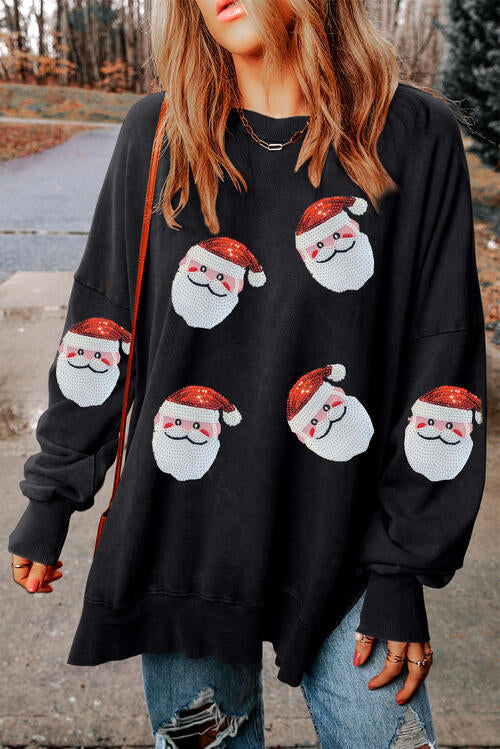 CHRISTMAS Sequin Santa Round Neck Slit Sweatshirt