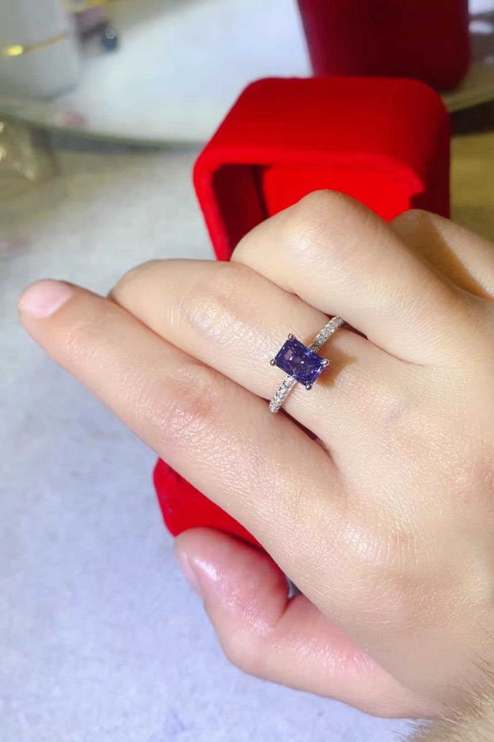 1 Carat Moissanite 925 Sterling Silver Rectangle Ring in Blue 💜