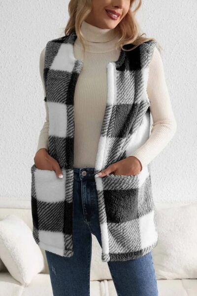 Shawnie Sherpa Plaid Open Front Vest Coat