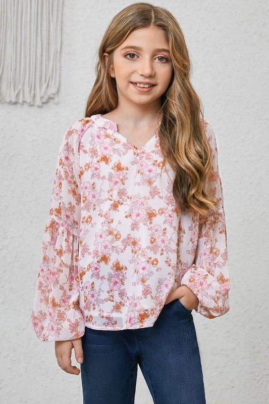 GIRLS YOUTH Printed Notched Neck Puff Sleeve Blouse SZ 4T-12Y