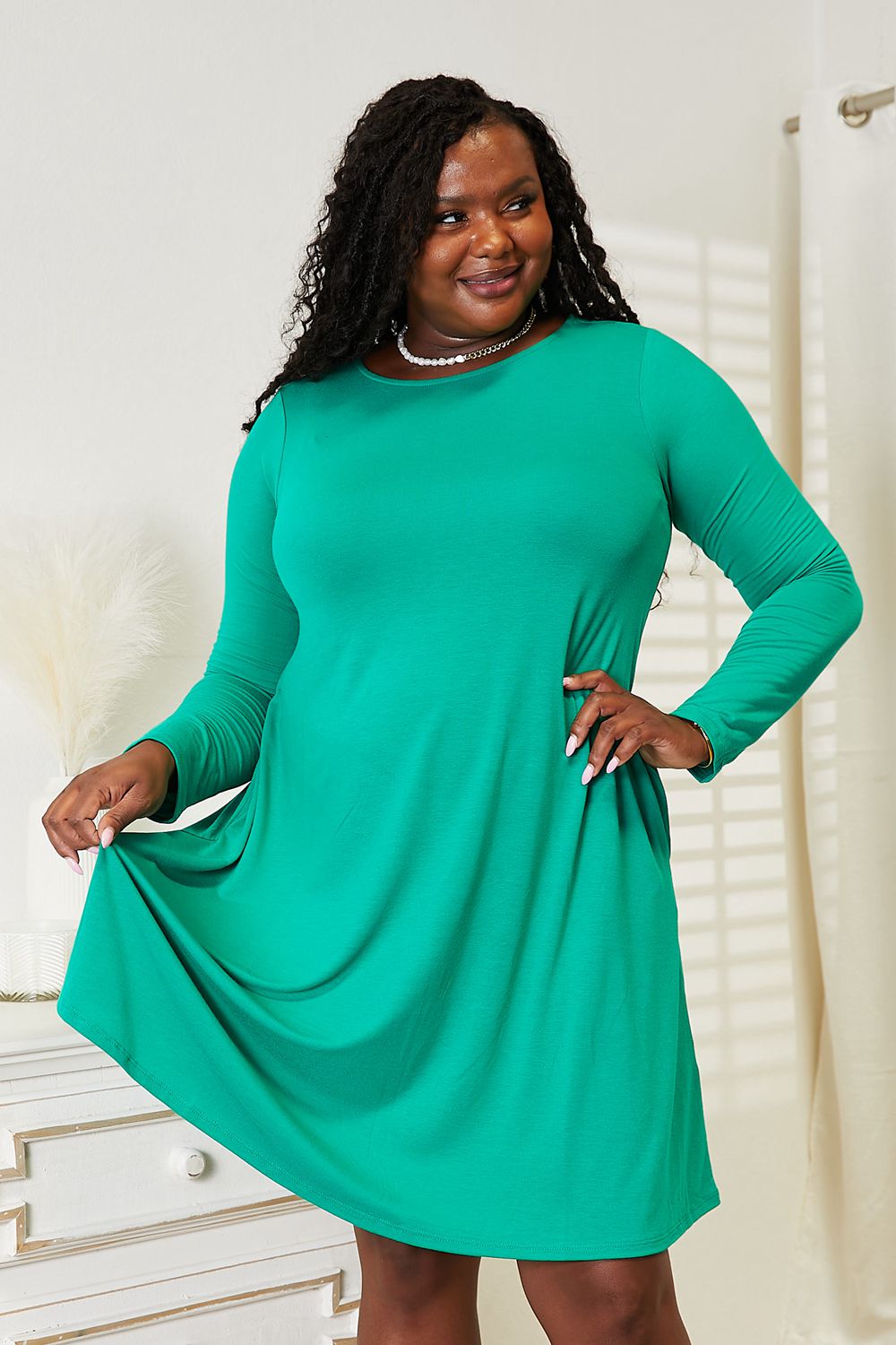 Zenana Full Size Teal Long Sleeve Flare Dress with Pockets