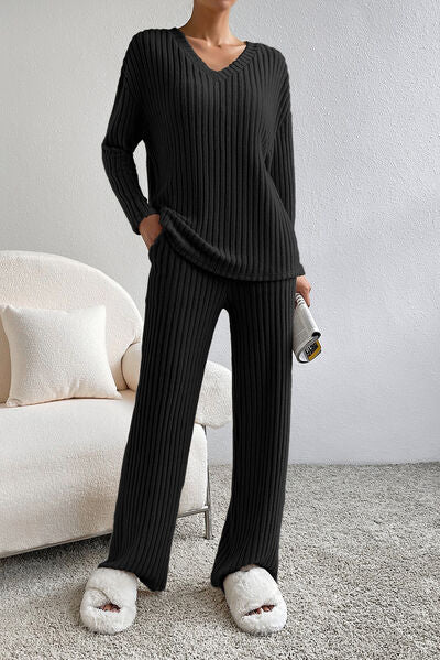 NotSoBasic Ribbed V-Neck Top and Pants Lounge Set