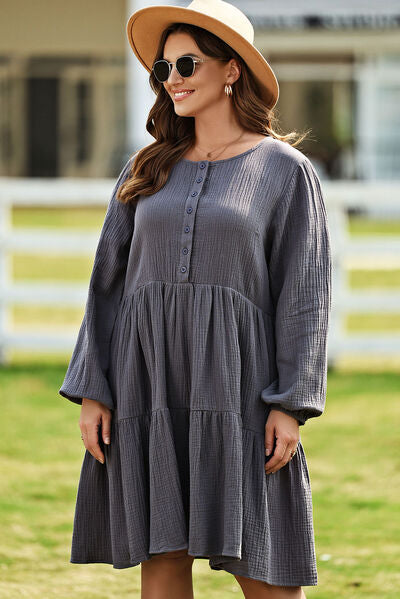 Women's Obsessed Charcoal Grey Plus Size Textured Balloon Sleeve Tiered Dress