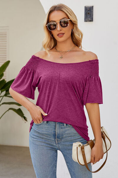 Smocked Round Neck Flutter Sleeve T-Shirt