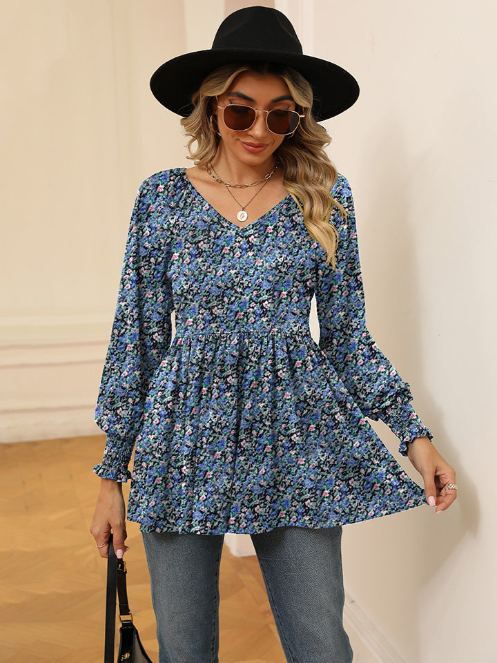 Full Size Printed V-Neck Lantern Sleeve Blouse