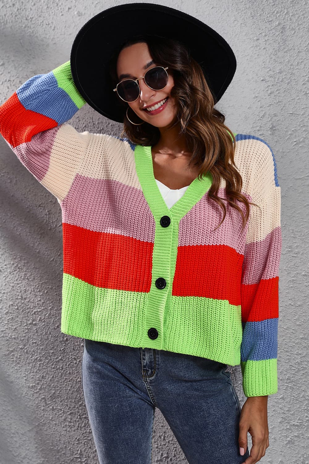 ZeldaMarie Color Block Button-Down Dropped Shoulder Cardigan