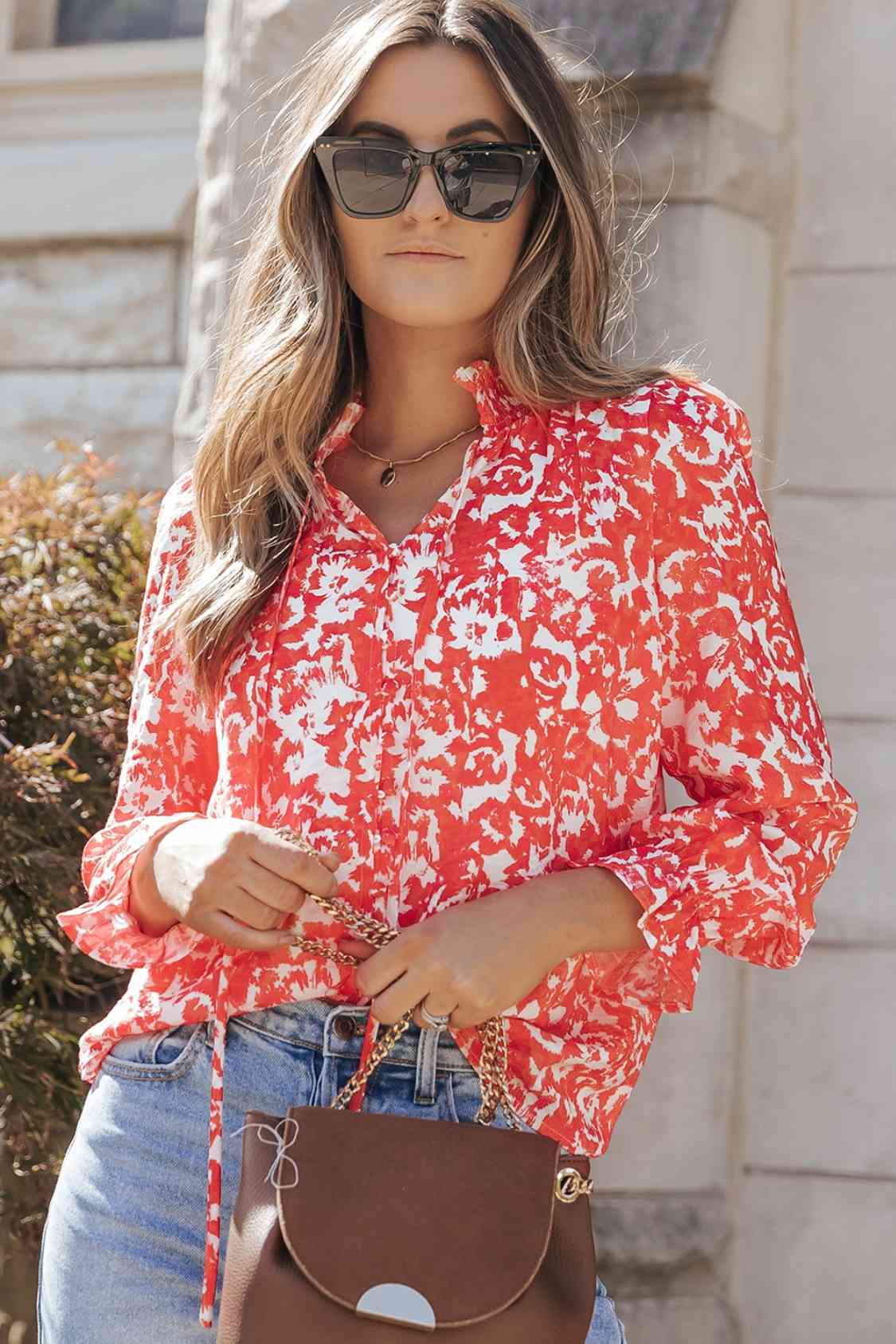 Deep Red Printed Tie Neck Flounce Sleeve Blouse