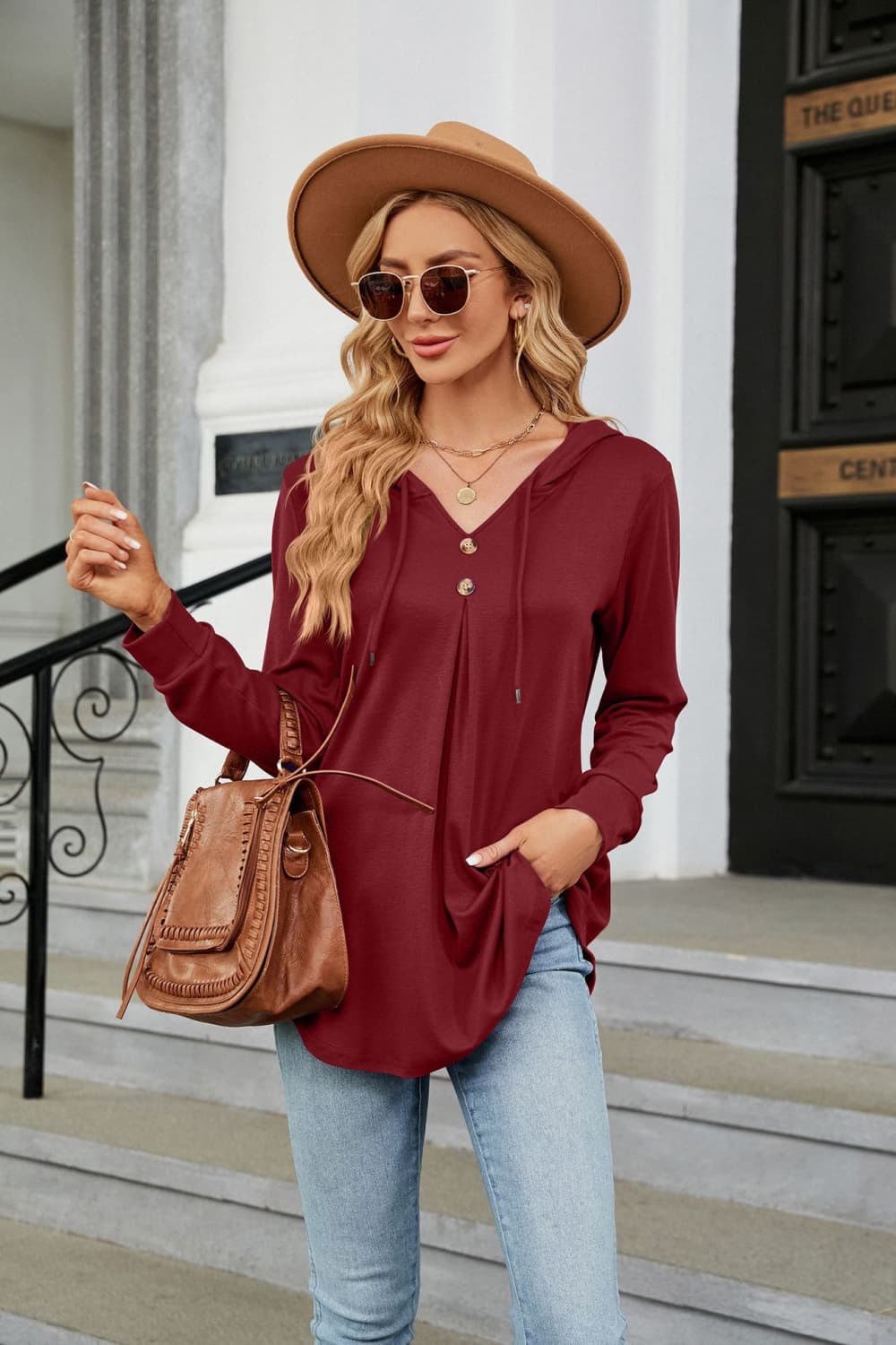 Full Size Long Sleeve Hooded Blouse